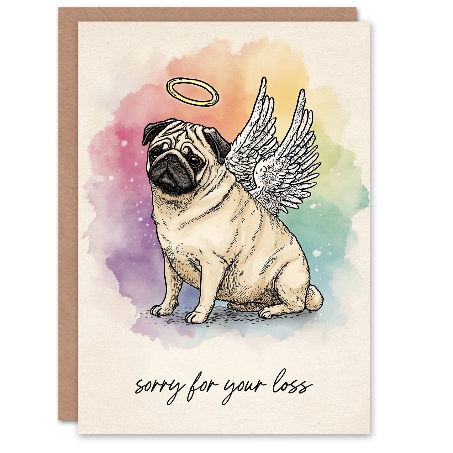 Dog Sympathy Greeting Card – Angel Pug Pet Design, Sorry for Your Loss