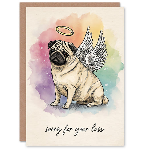 Dog Sympathy Greeting Card – Angel Pug Pet Design, Sorry for Your Loss