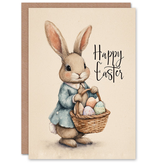 Happy Easter Greeting Card – Adorable Bunny with Egg Basket, Blank Inside
