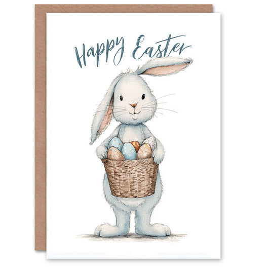 Happy Easter Greeting Card – Bunny with Egg Basket, Blank Inside