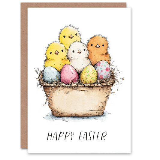 Happy Easter Greeting Card – Chicks and Eggs Basket, Blank Inside