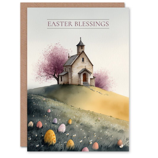 Happy Easter Greeting Card – Church Chapel Blessings, Blank Inside