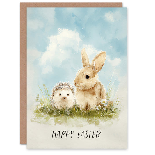 Happy Easter Greeting Card – Hedgehog and Bunny Rabbit, Blank Inside