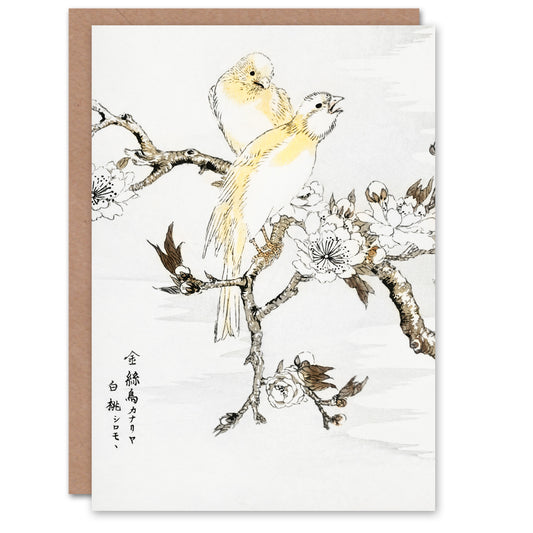 Numata Kashu Canary and Peach Tree Flowers Japanese Greetings Card