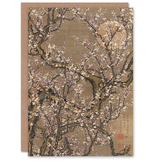 Ito Jakuchu White Plum Blossoms and Moon Japanese Greetings Card