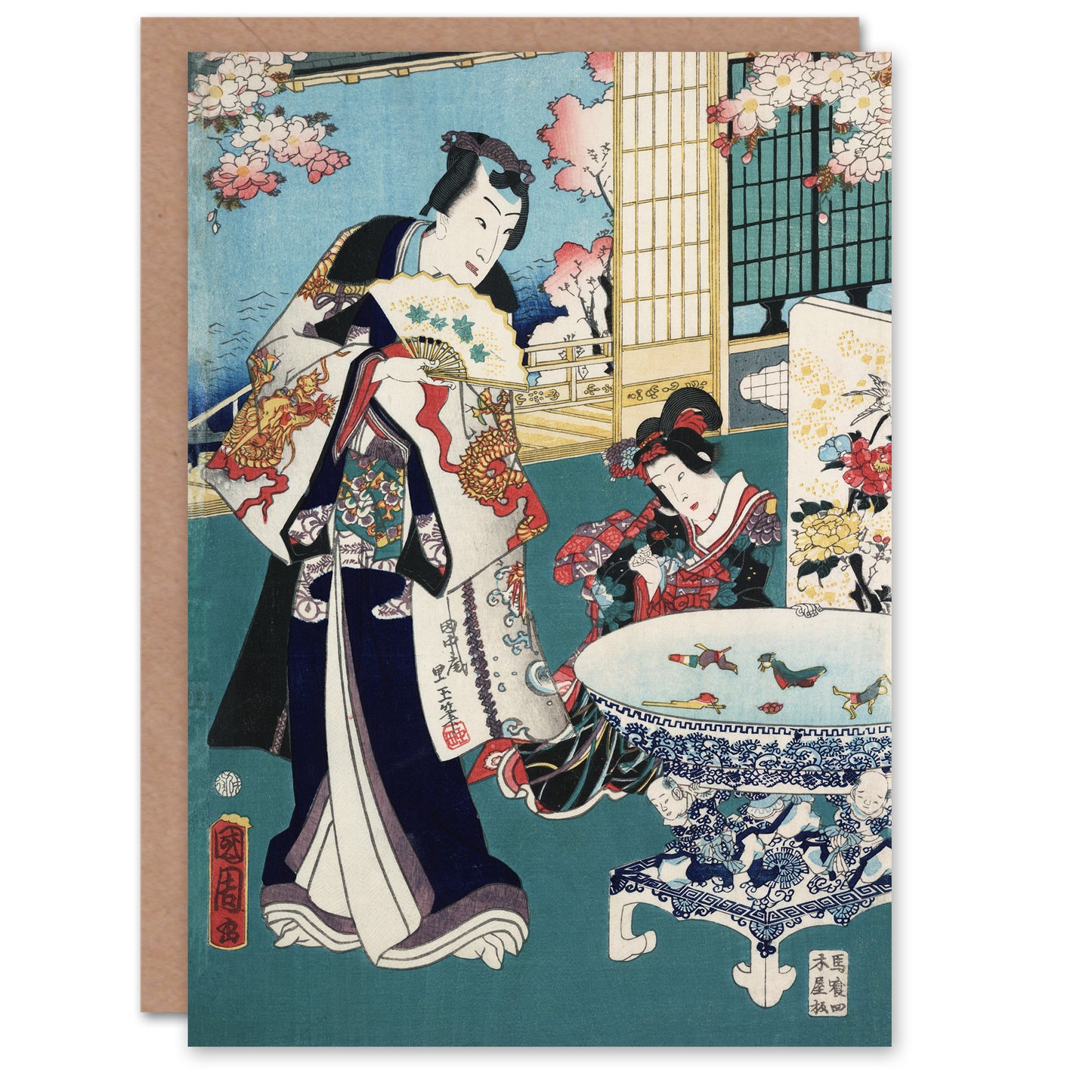Toyohara Kunichika Japanese Spring Outing in a Villa Greetings Card