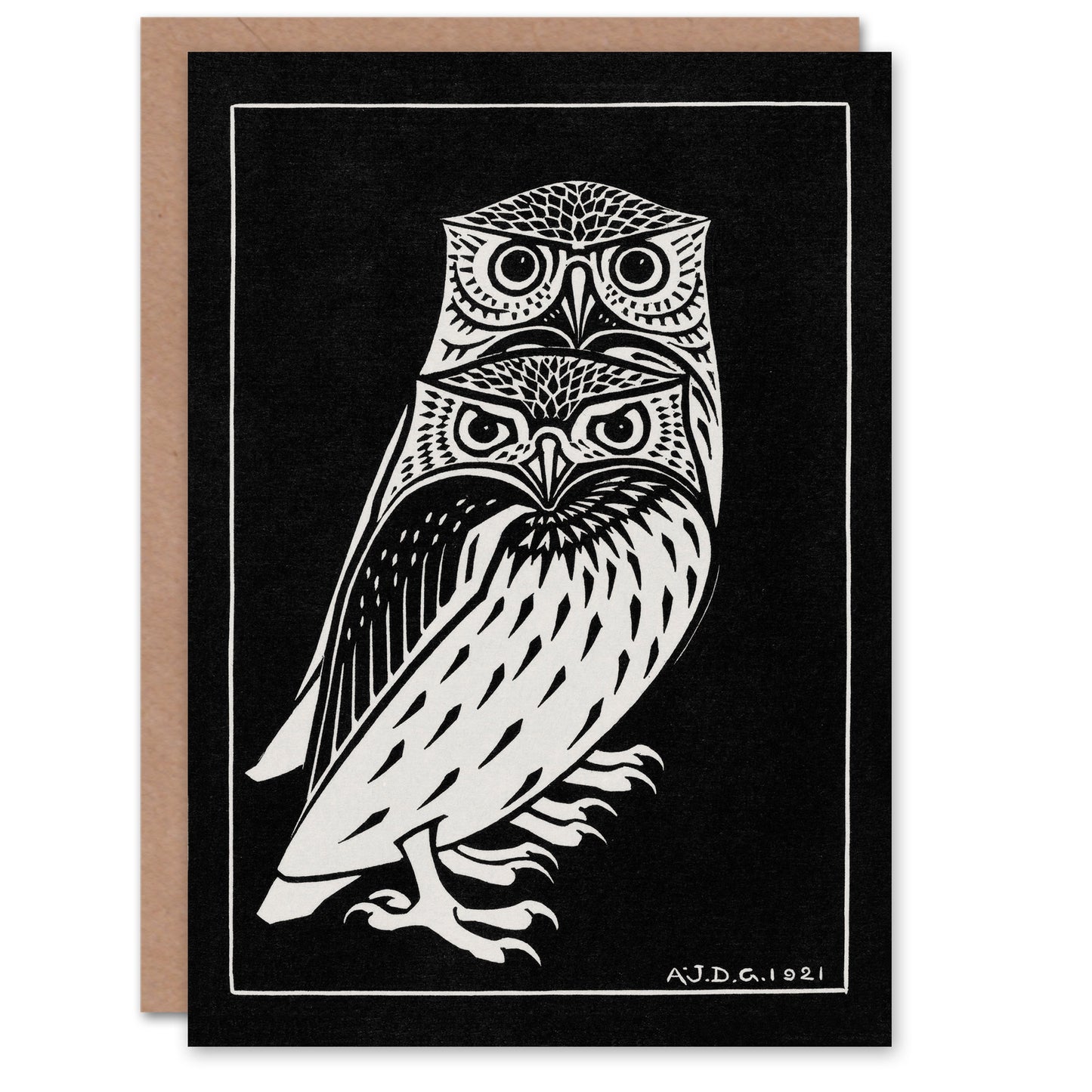 Julie de Graag Two Owls Vintage Animal Painting Greetings Card