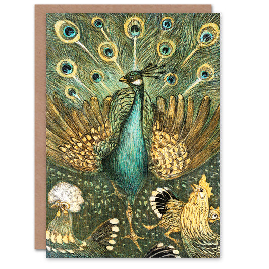 Theo van Hoytema Peacock with Hens Painting Greetings Card