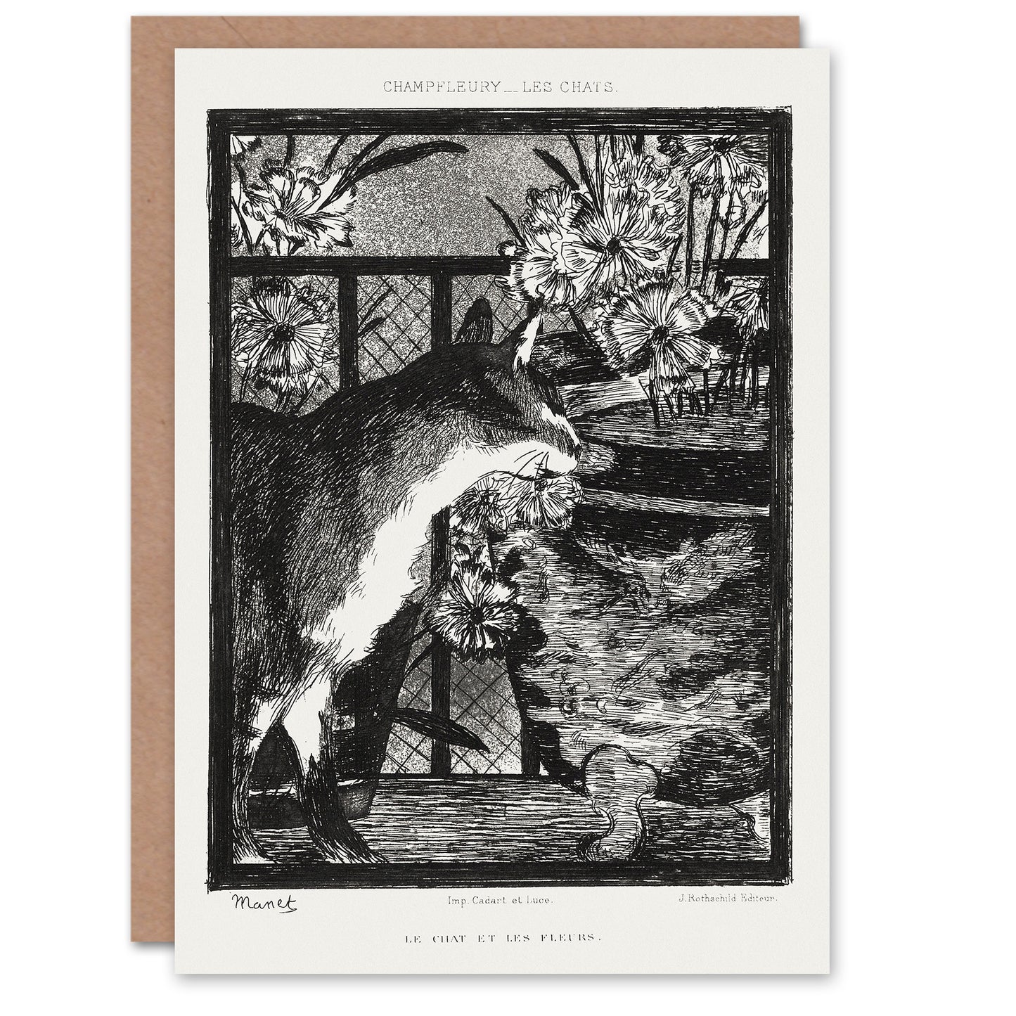Edouard Manet Black White Cat and Flowers Greetings Card