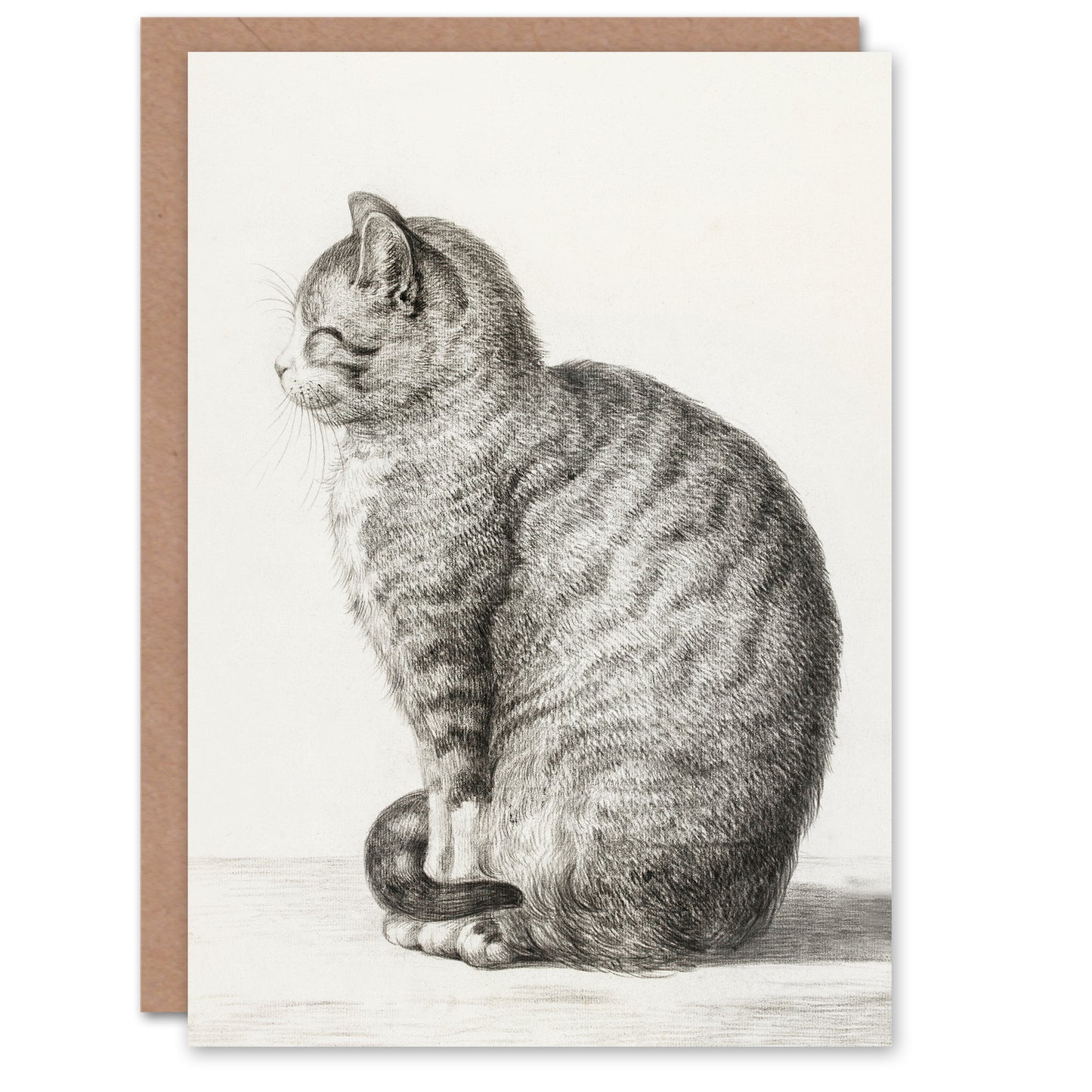 Jean Bernard Art Card Sitting Smiling Cat Pencil Drawing