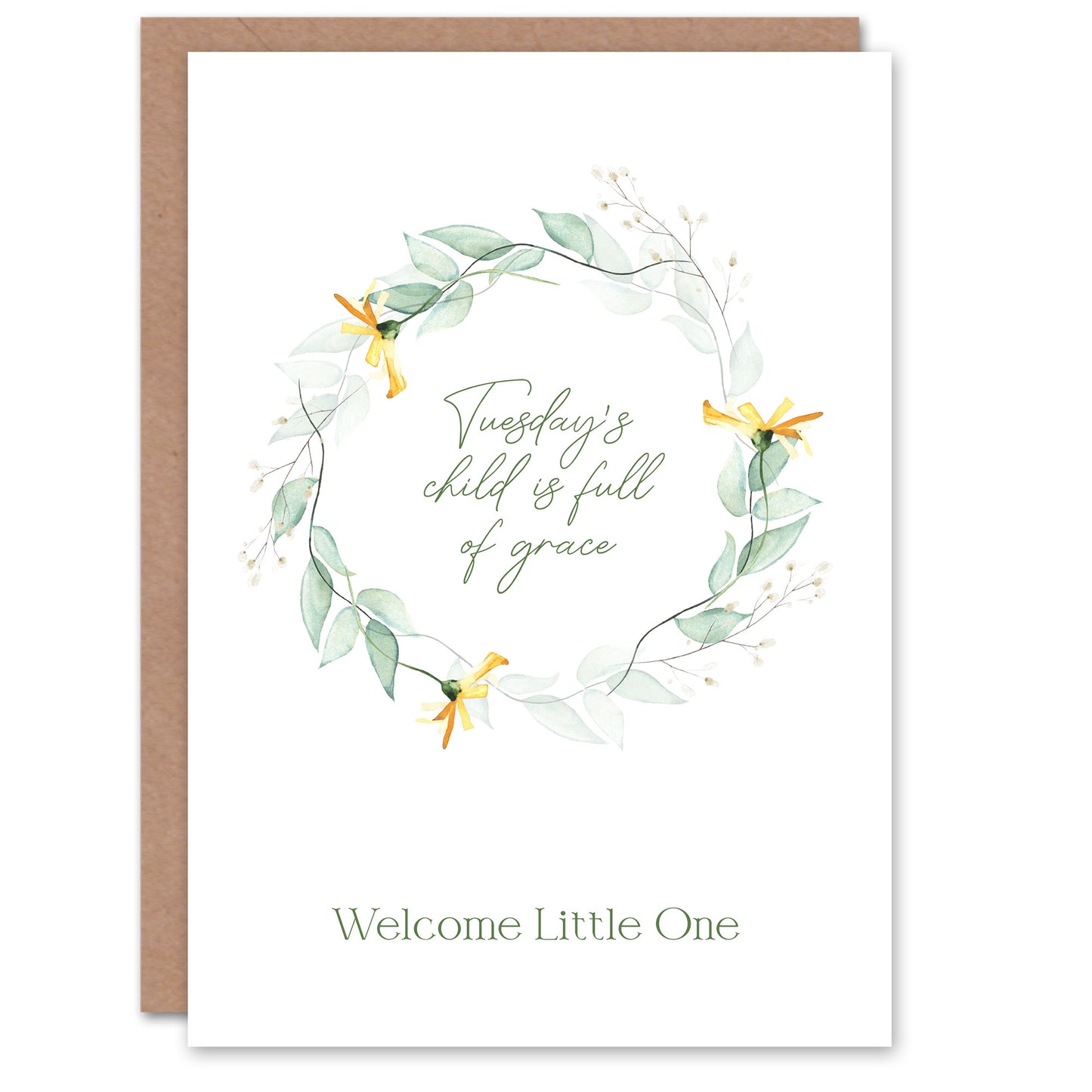 Tuesday's Child is Full of Grace Floral Wreath New Baby Card