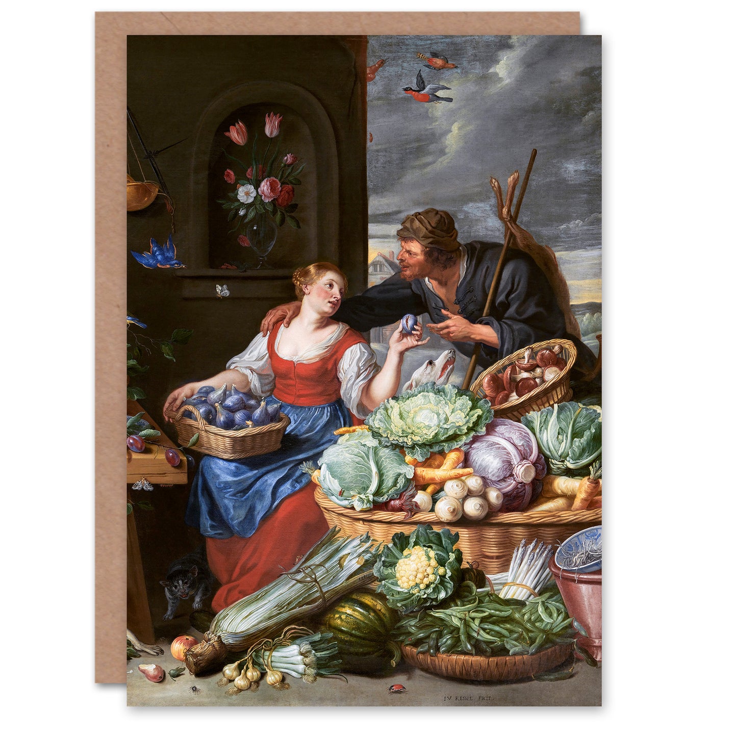 Jan Van Kessel Art Card Vegetable Market Young Fruit Seller