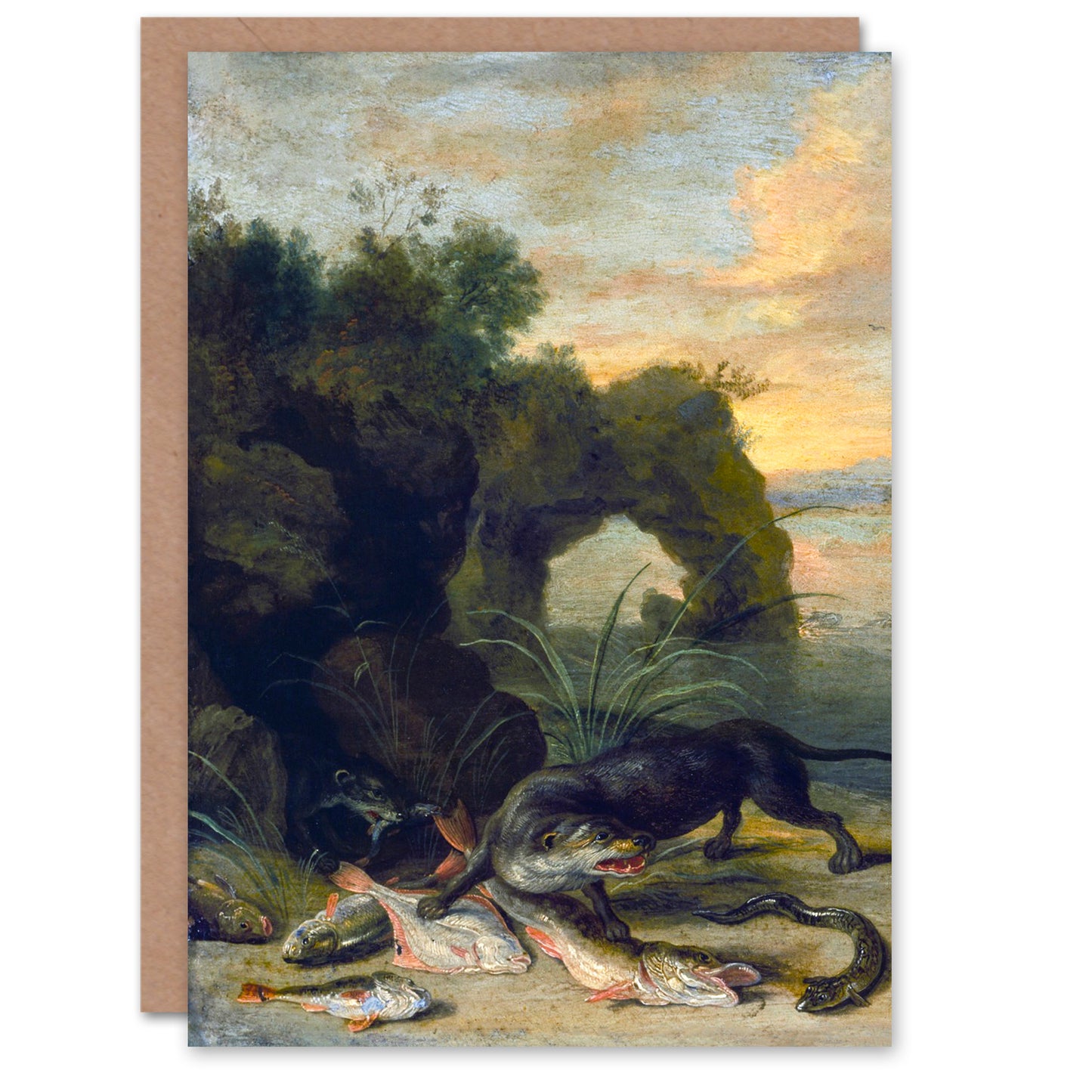 Jan Van Kessel Art Card Water Otter Guarding Fish Catch