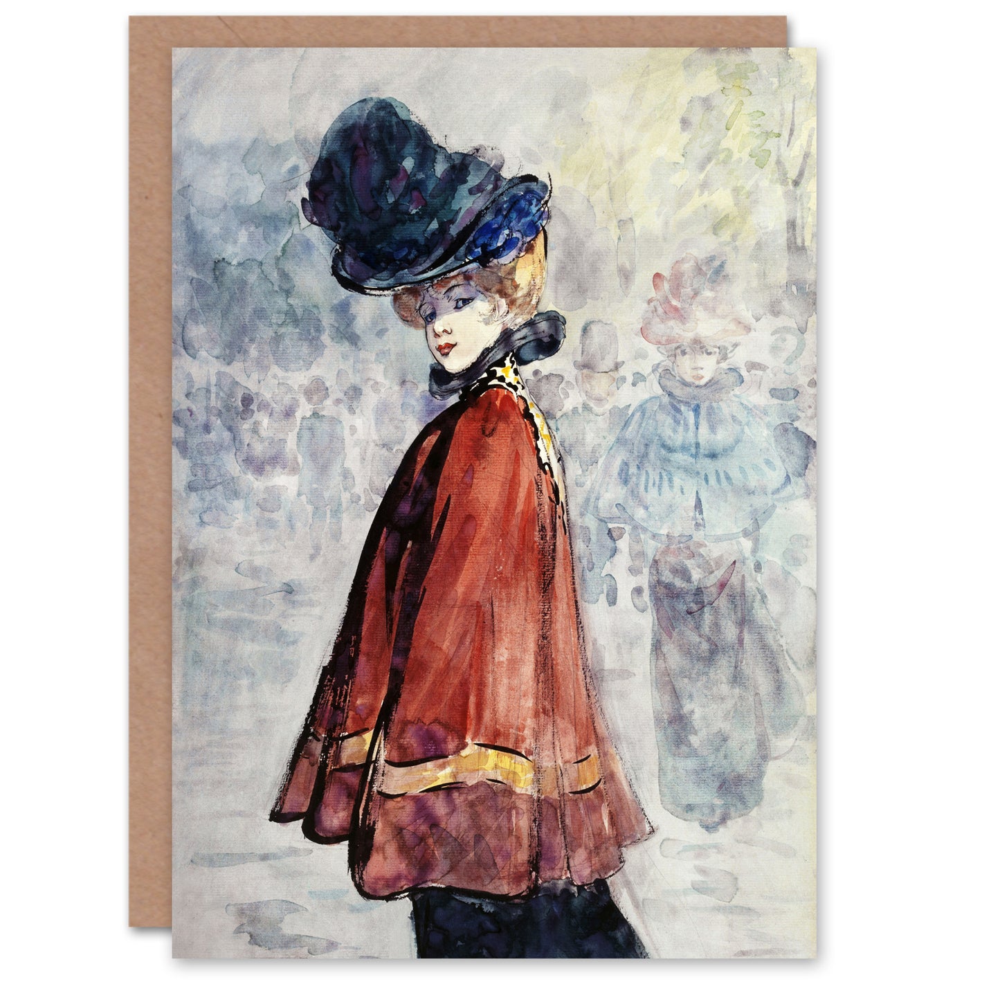 Henry Somm Elegant in Red Cape Watercolour Portrait Art Greeting Card