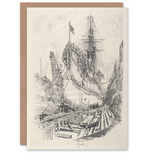 Joseph Pennell Large Warship In the Dry Dock Art Greeting Card