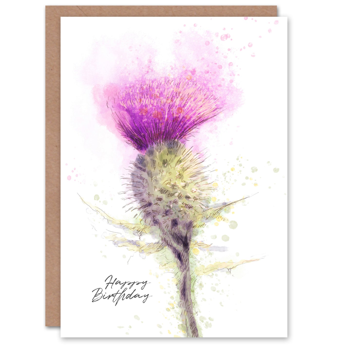 Happy Birthday Scottish Thistle Flower Watercolor Birthday Card