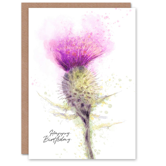 Happy Birthday Scottish Thistle Flower Watercolor Birthday Card