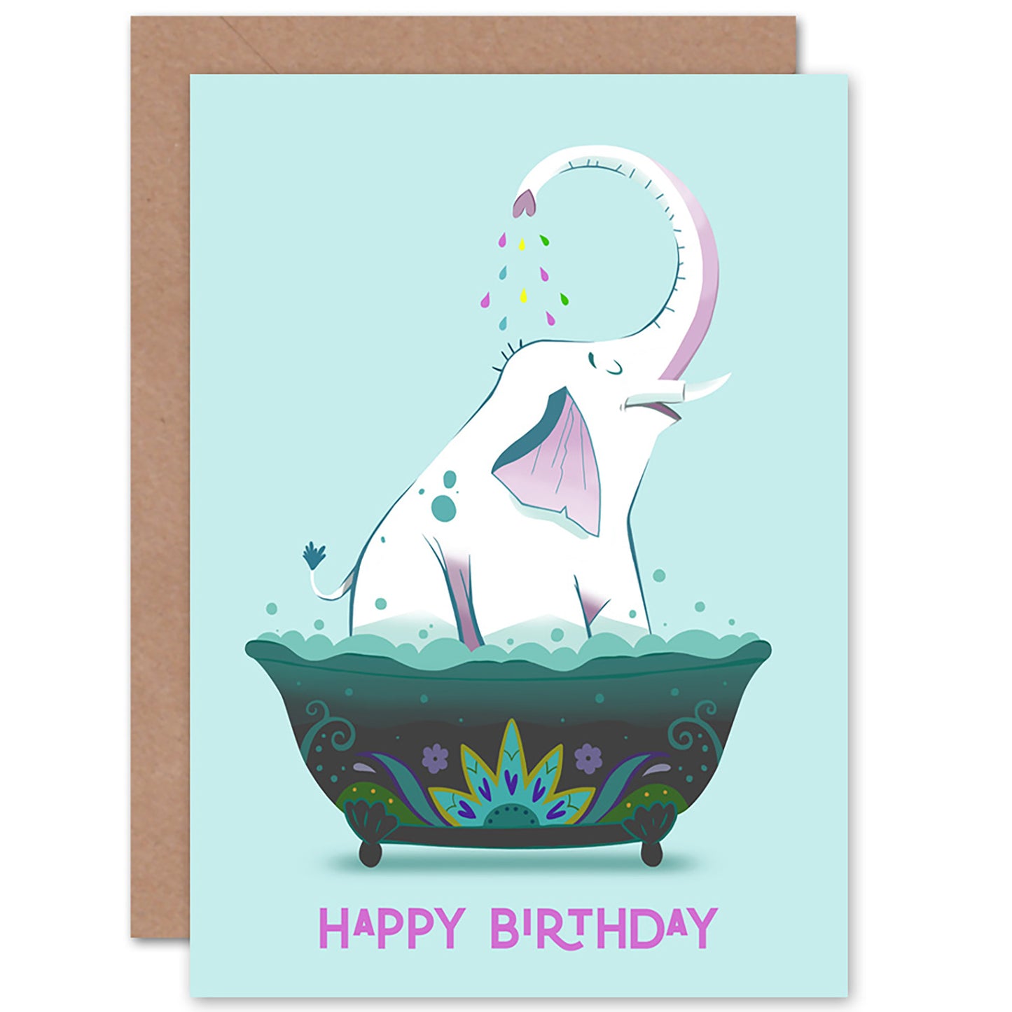 Elephant Bath Tub Cartoon Birthday Card