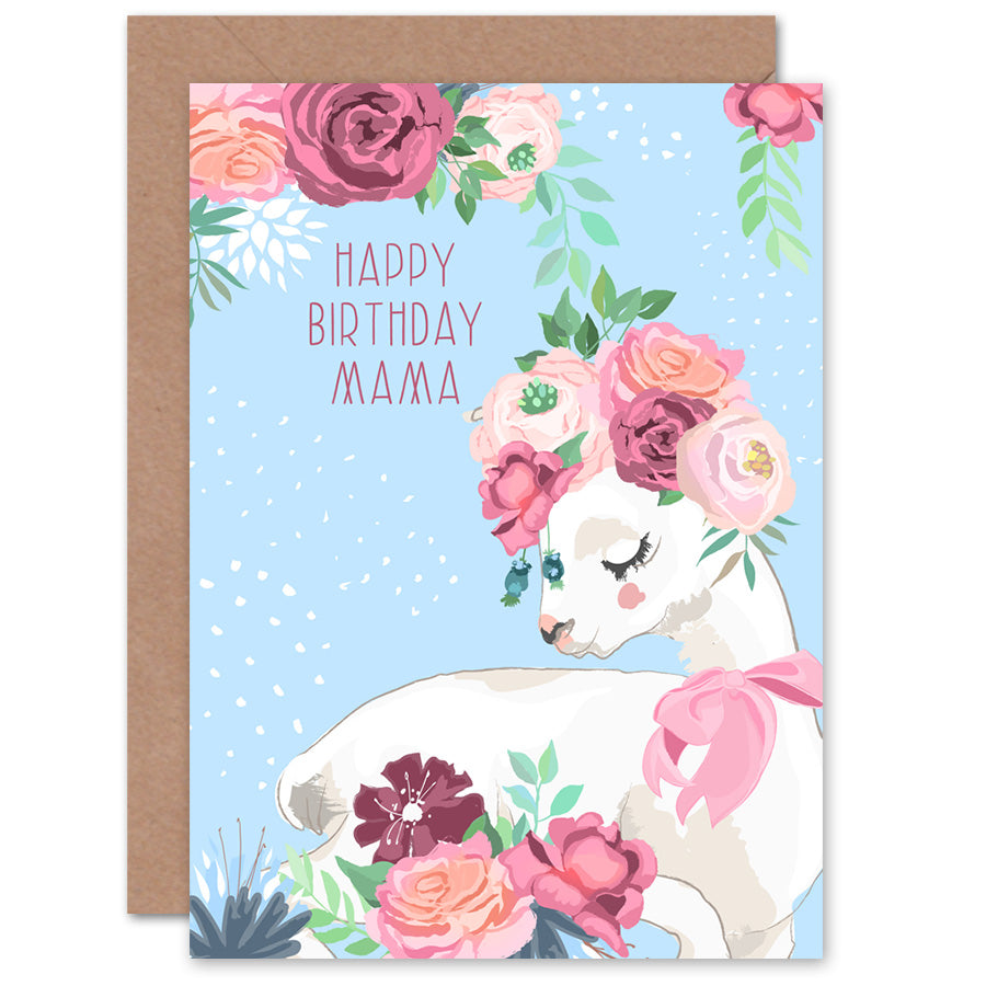 Blue Happy Birthday Mama Llama with Roses Birthday Card