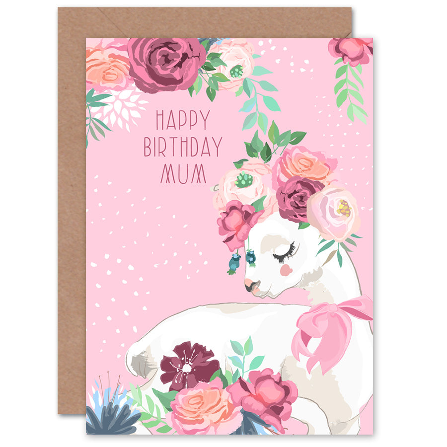 Pink Happy Birthday Mum Llama with Rose Flowers Birthday Card