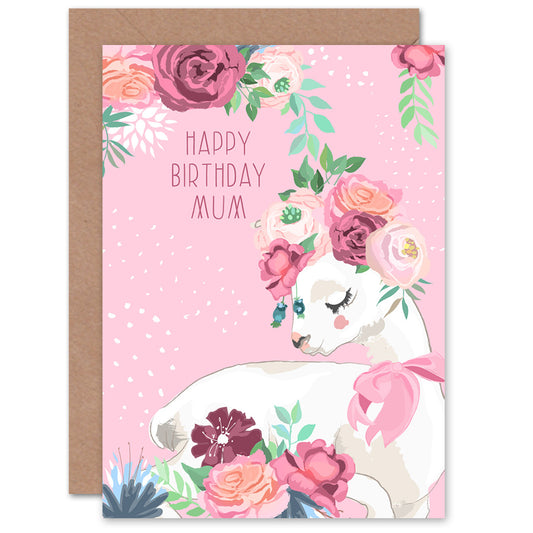 Pink Happy Birthday Mum Llama with Rose Flowers Birthday Card