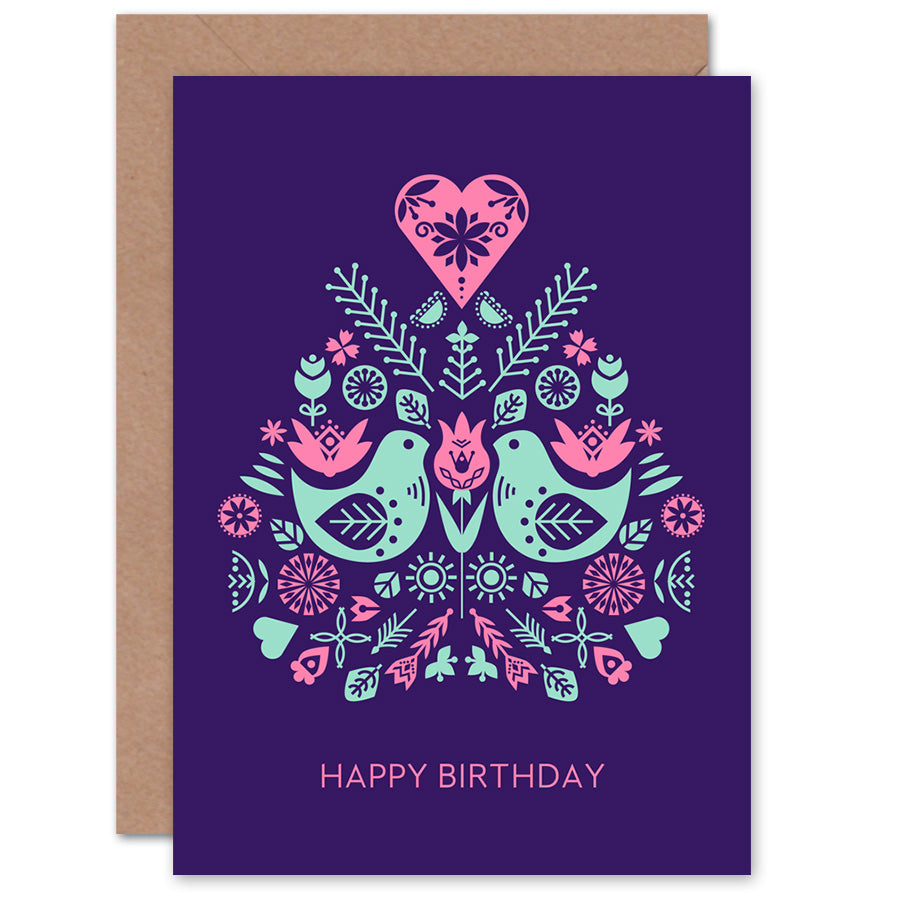Scandi Style Flowers Birds Purple Birthday Card