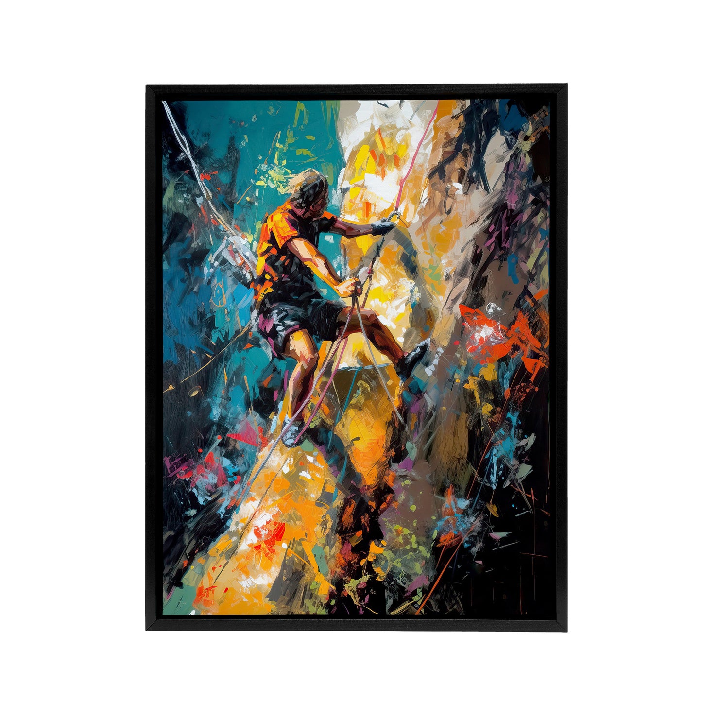 Mountain Cliff Rock Climber Colourful Black Framed Canvas Wall Art Print