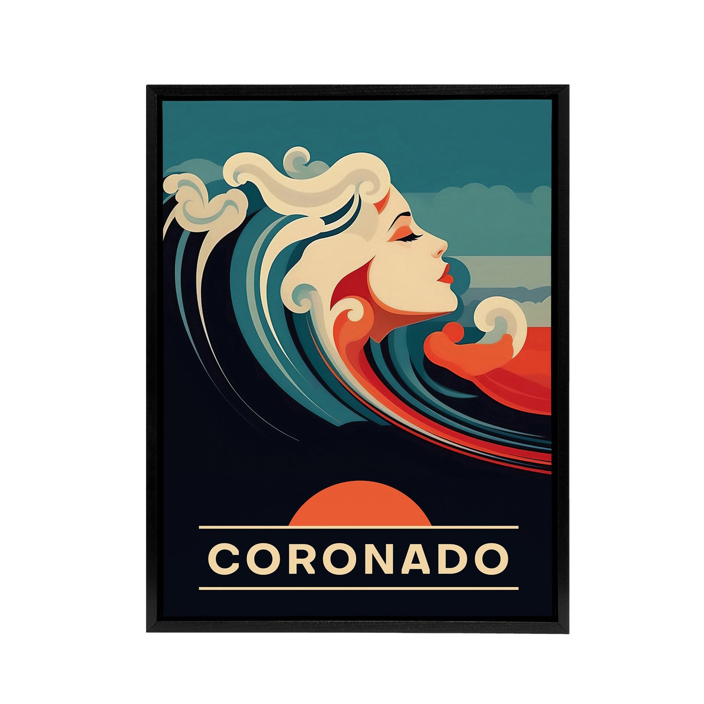 Coronado Beach Wave Siren Travel Advert Black Framed Canvas Wall Art Print