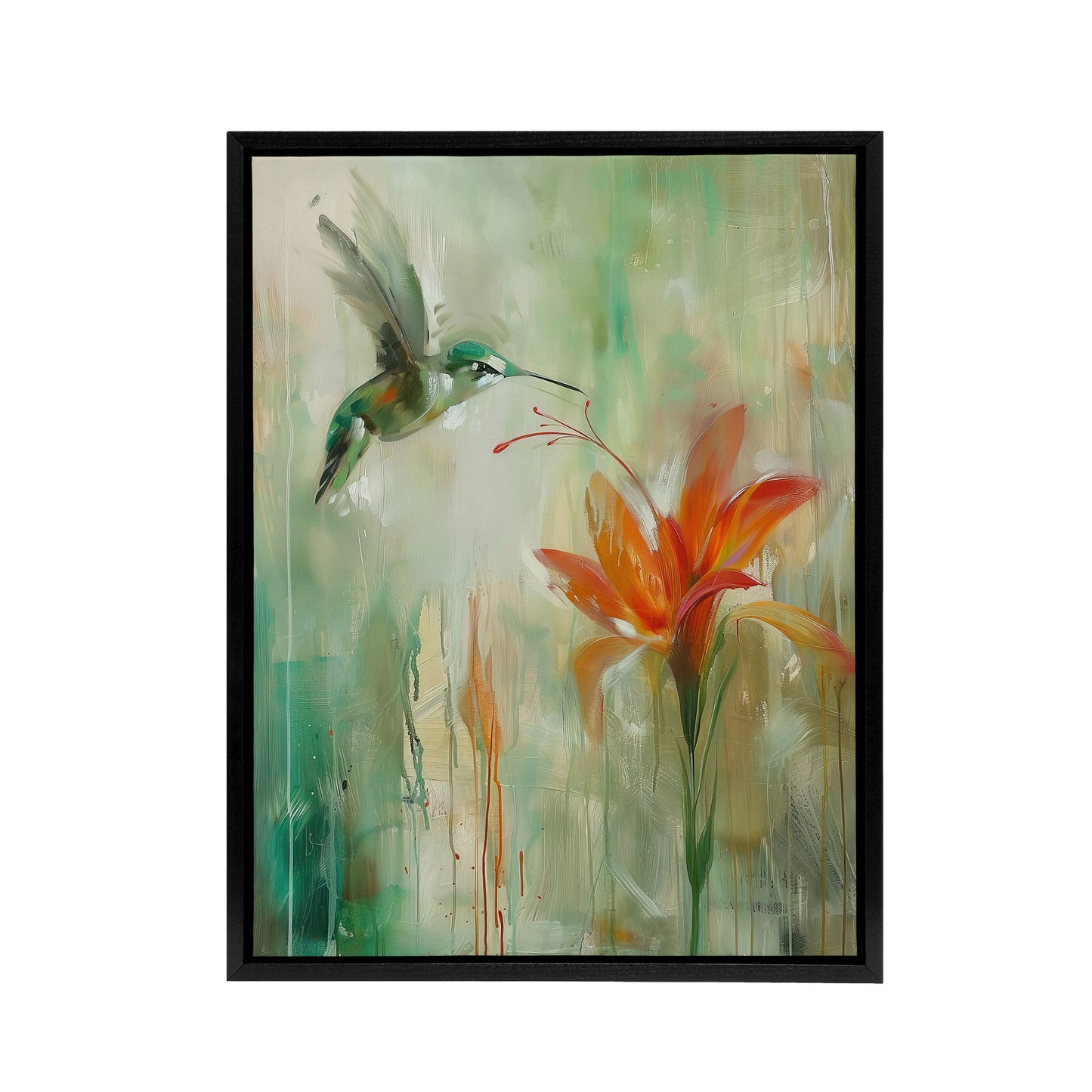 Daylily Flower And Hummingbird Black Framed Canvas Wall Art Print
