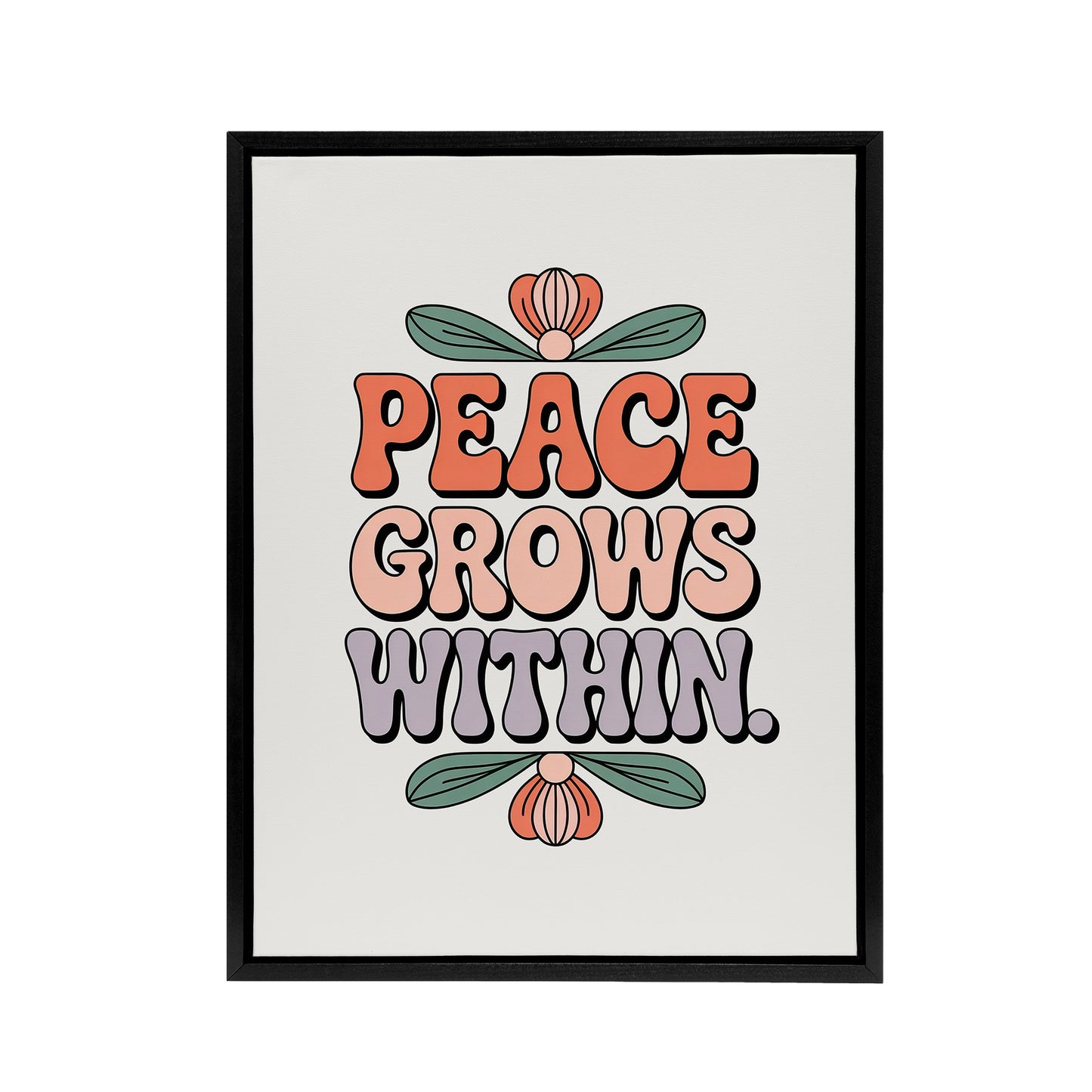 Peace Grows Within Retro Floral Typography Framed Canvas Wall Art Print
