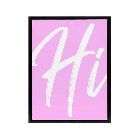 Large Hi Word Pink White Brush Stroke Design Black Framed Canvas Wall Art