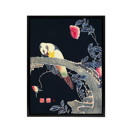 Parrot on Rose Flower Bush Japanese Framed Canvas Wall Art Print Jakuchu