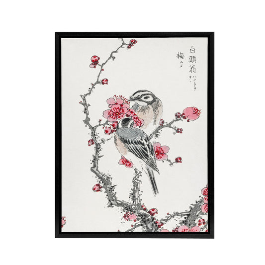 Pine Bunting and Plum Tree Japanese Framed Canvas Wall Art Print Kashu