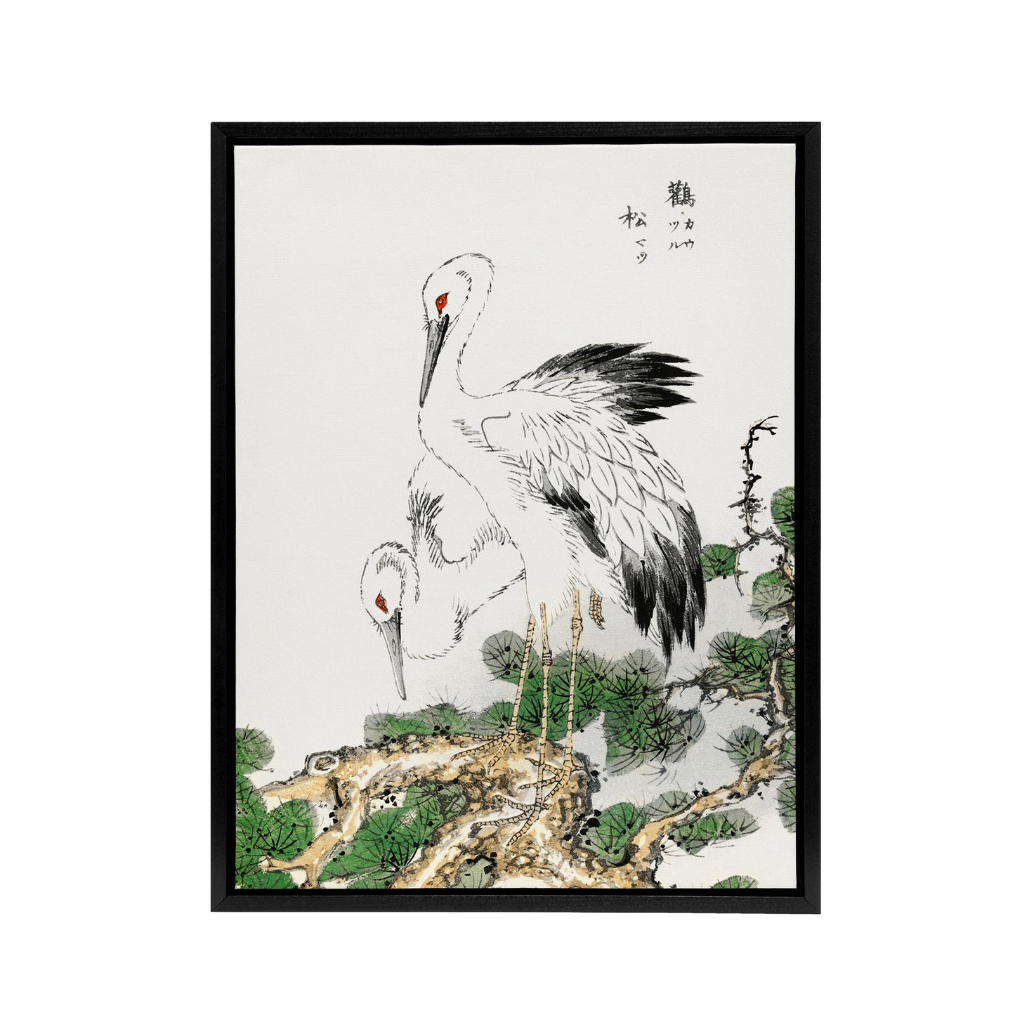 Stork and Pine Tree Japanese Framed Canvas Wall Art Print Kashu