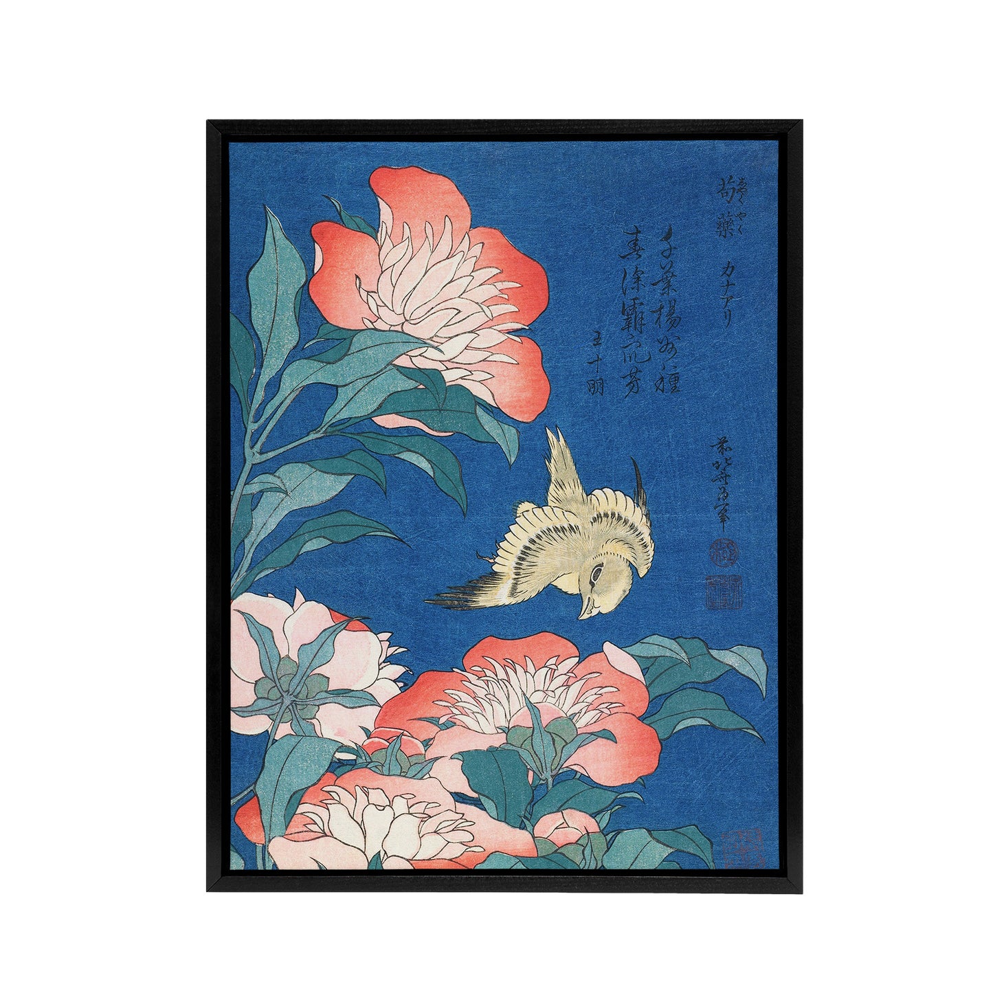 Canary and Peony Flowers Framed Canvas Wall Art Print Katsushika Hokusai