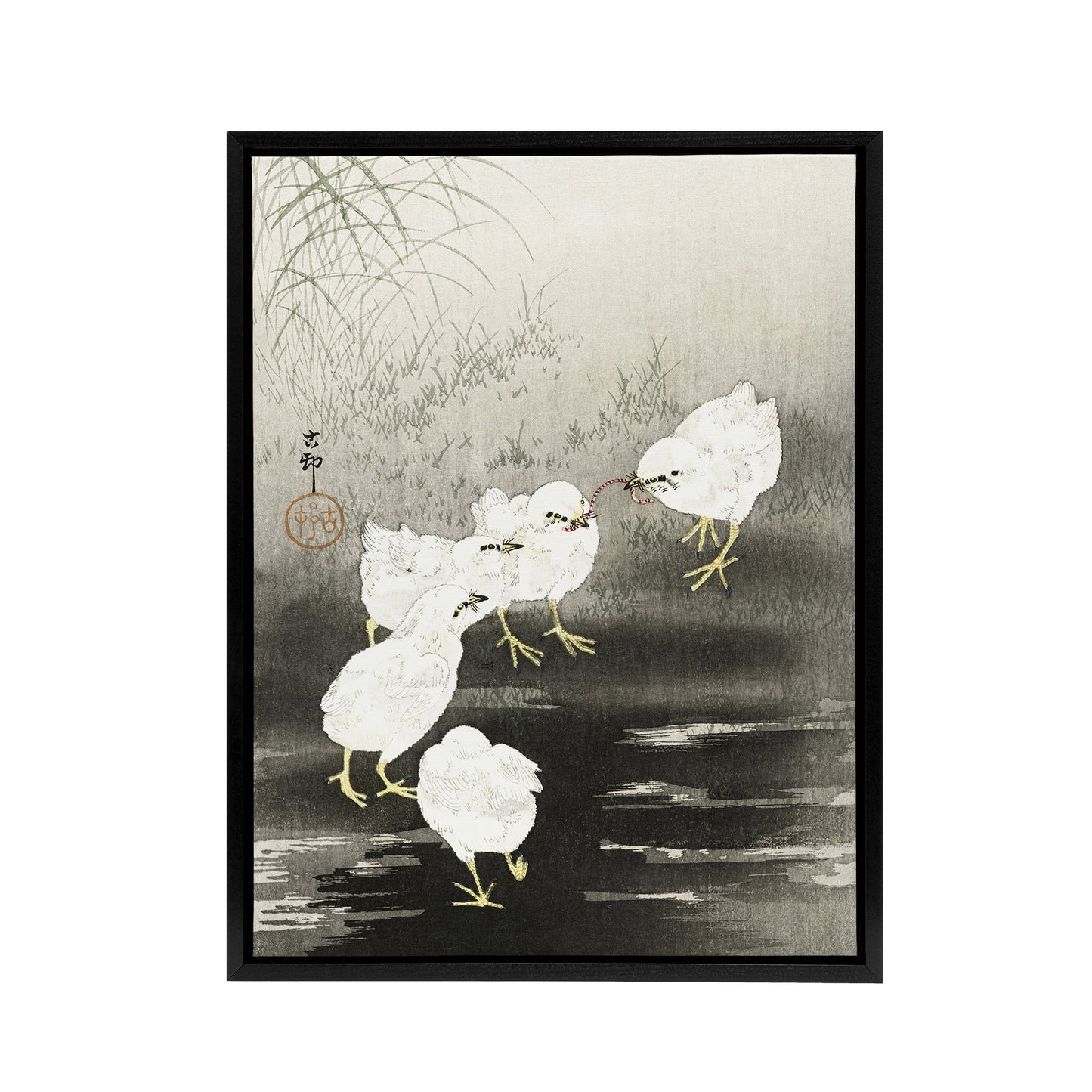 Chicks Eating Worms Framed Canvas Wall Art Print Ohara Koson