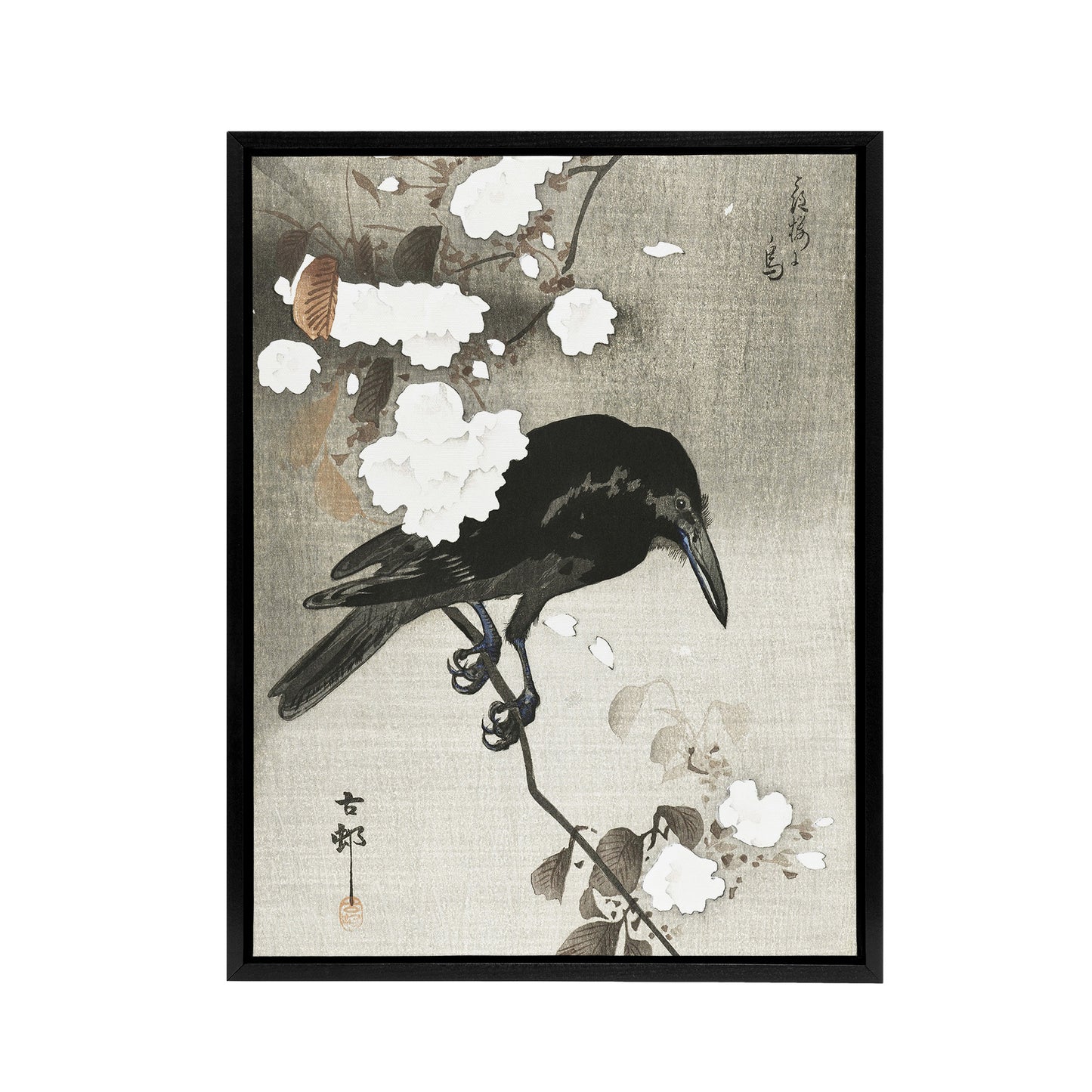 Crow With Cherry Blossom Flowers Framed Canvas Wall Art Print Koson