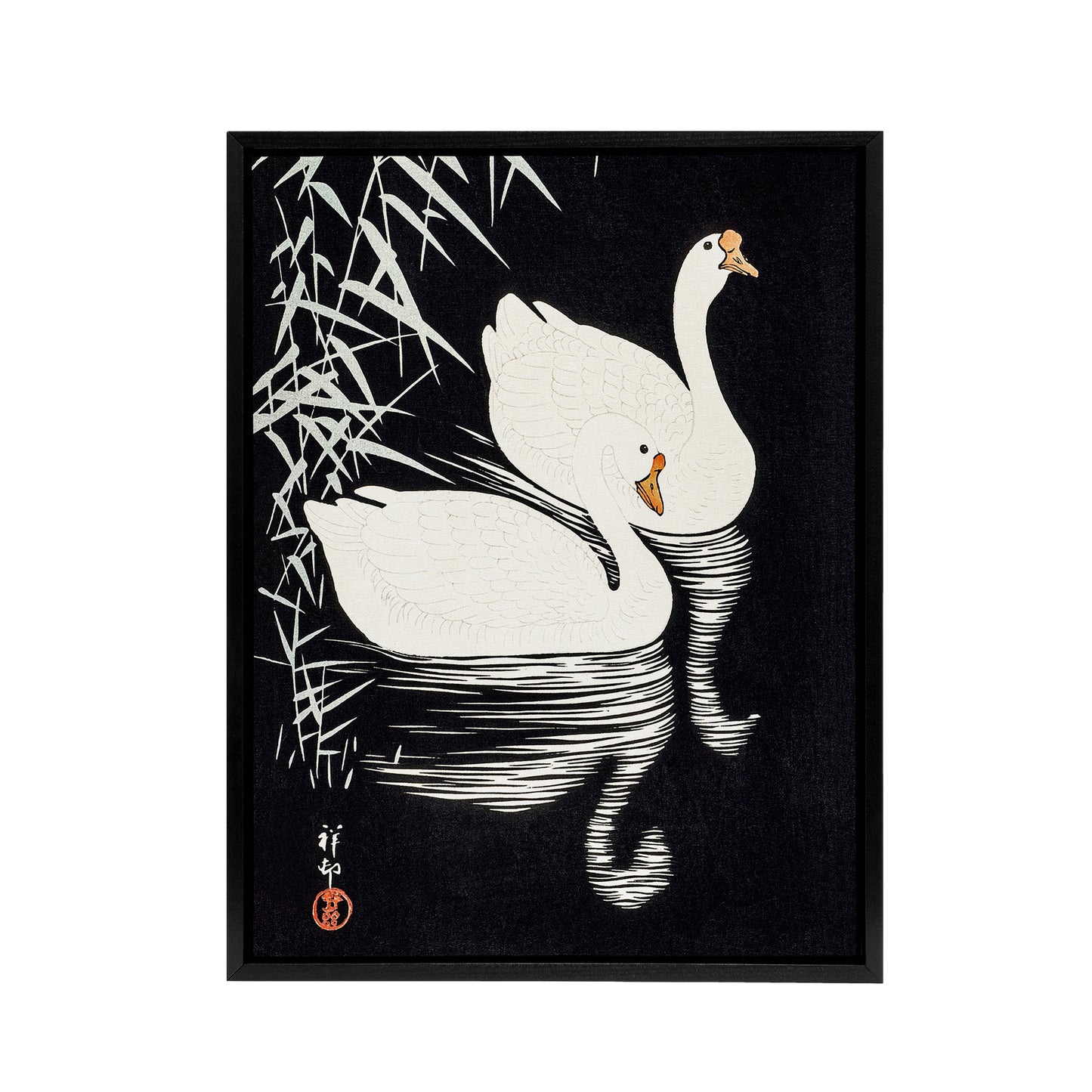 Geese Swimming By Reeds Framed Canvas Wall Art Print Ohara Koson