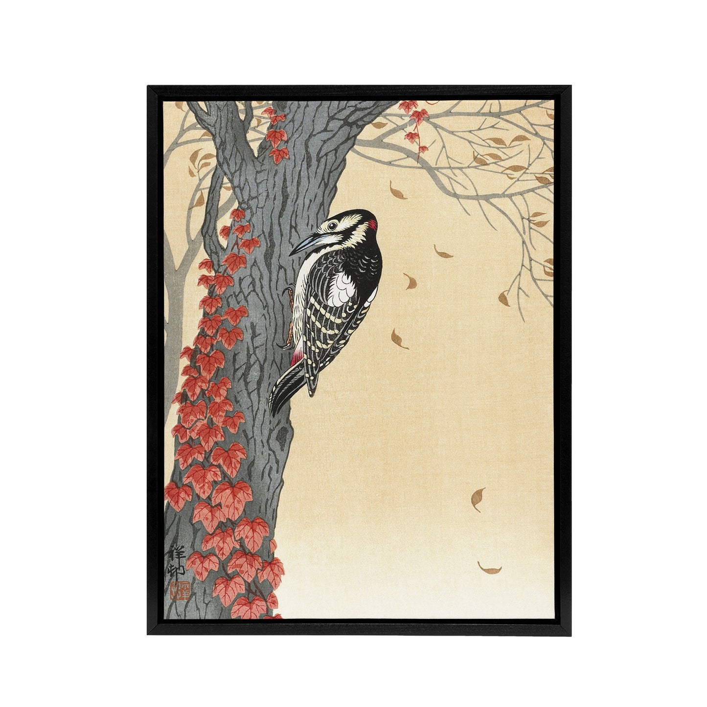 Great Spotted Woodpecker Tree Red Ivy Framed Canvas Wall Art Print Koson