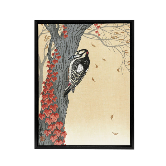 Great Spotted Woodpecker Tree Red Ivy Framed Canvas Wall Art Print Koson