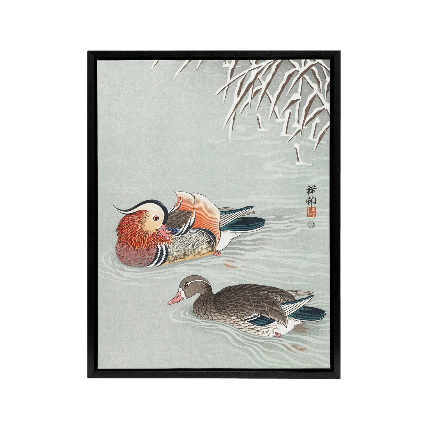 Two Mandarin Ducks in Snow Framed Canvas Wall Art Print Ohara Koson