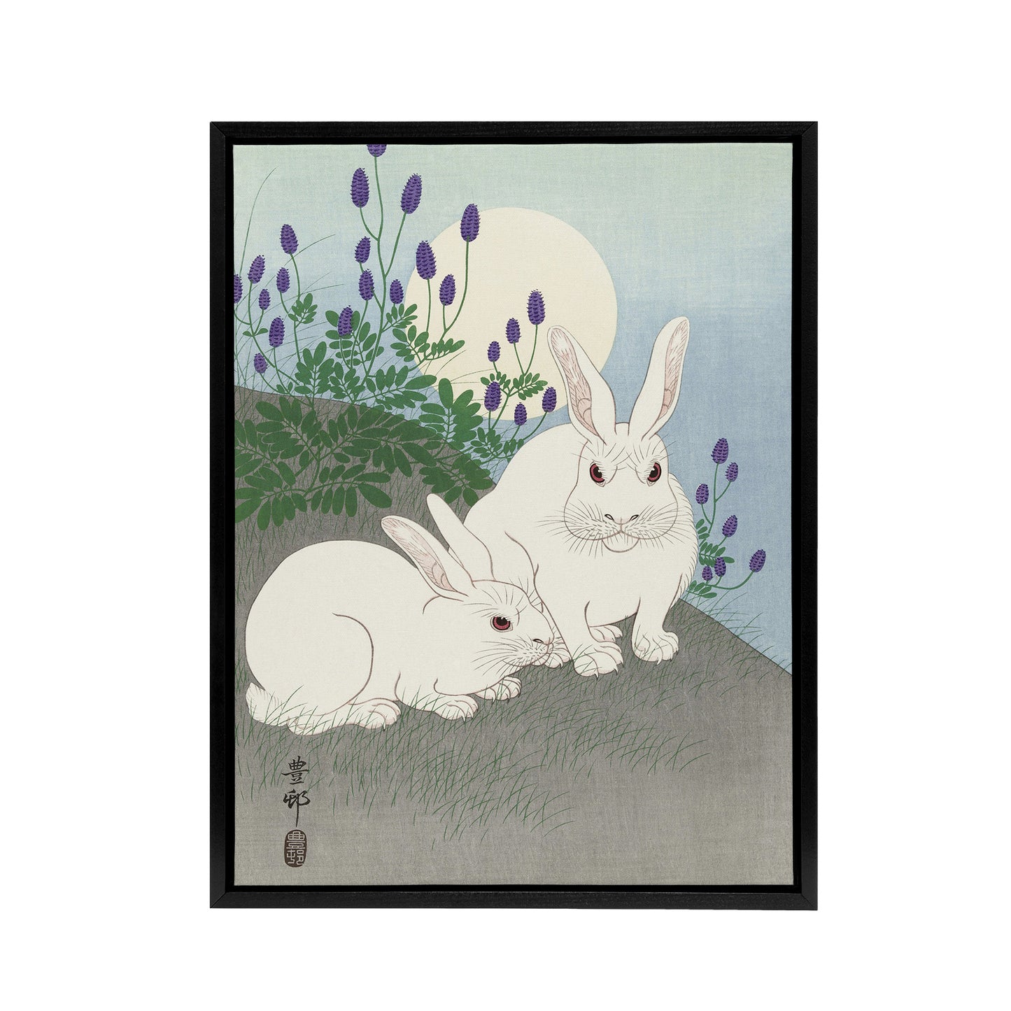 Two Rabbits At Full Moon Framed Canvas Wall Art Print Ohara Koson