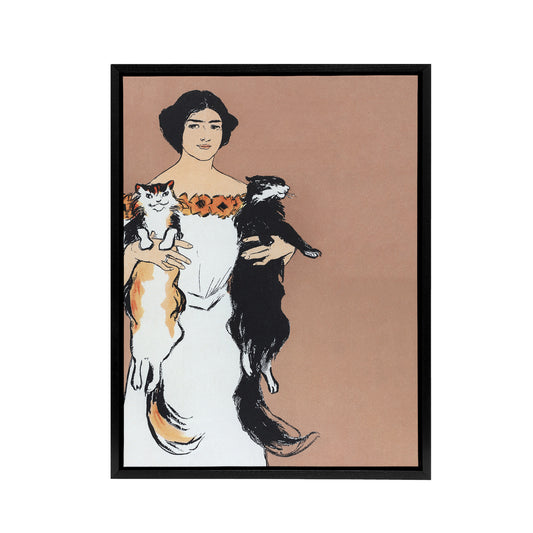 Woman Holding Two Cats Drawing Framed Canvas Wall Art Print Penfield