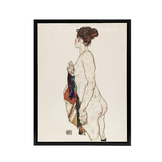 Standing Nude with Patterned Robe Framed Canvas Wall Art Print Schiele