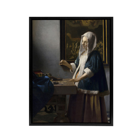 Woman Holding a Balance Vermeer Vintage Black Framed Canvas Wall Art