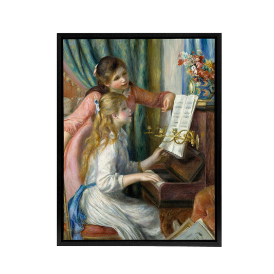Two Young Girls at the Piano Renoir Vintage Black Framed Canvas Wall Art