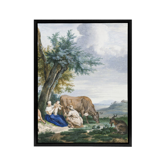 Peasant Family and cattle Landscape Schouman Framed Canvas Wall Art Print