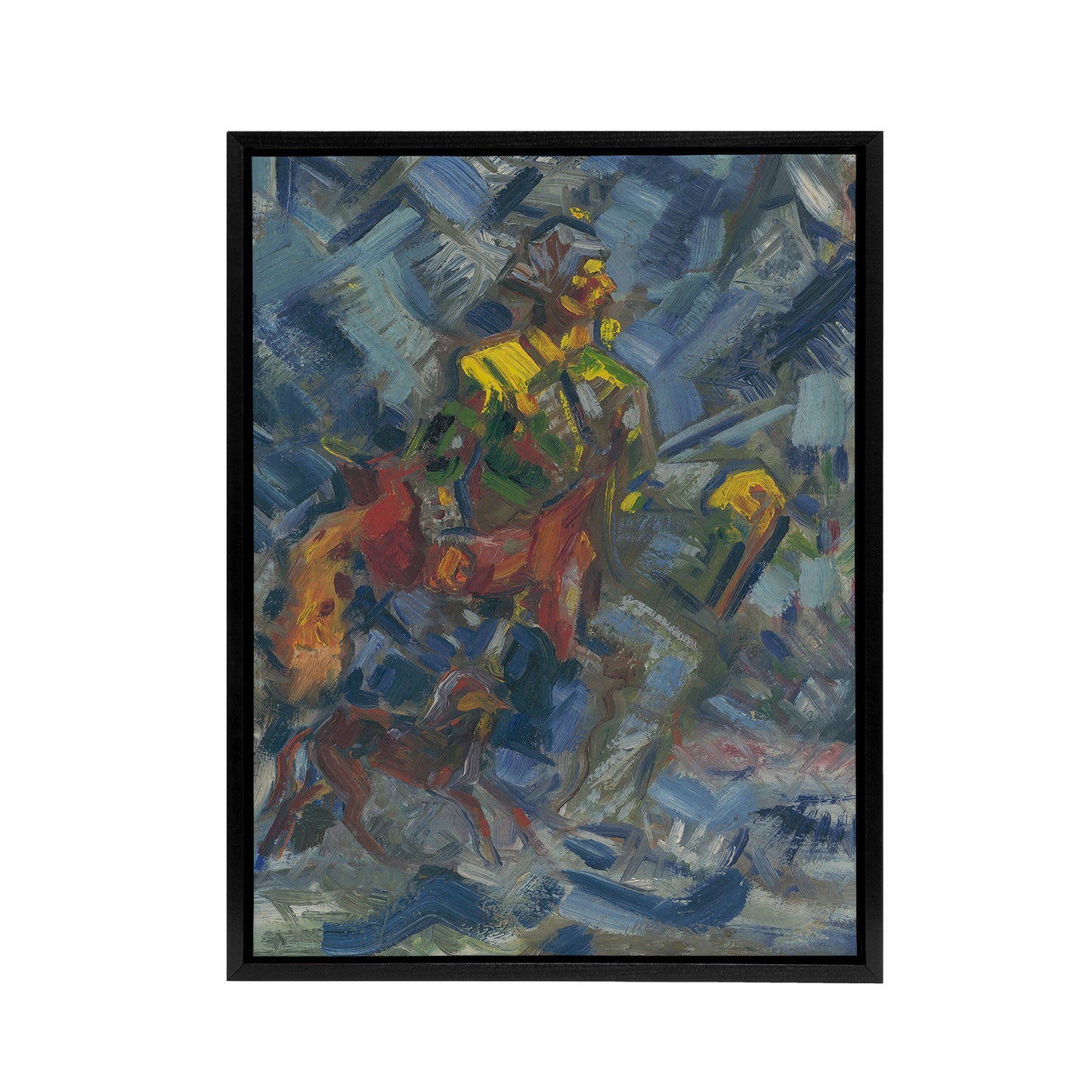 Hunter with Dog In A Blue Forest Kubincan Black Framed Canvas Wall Art