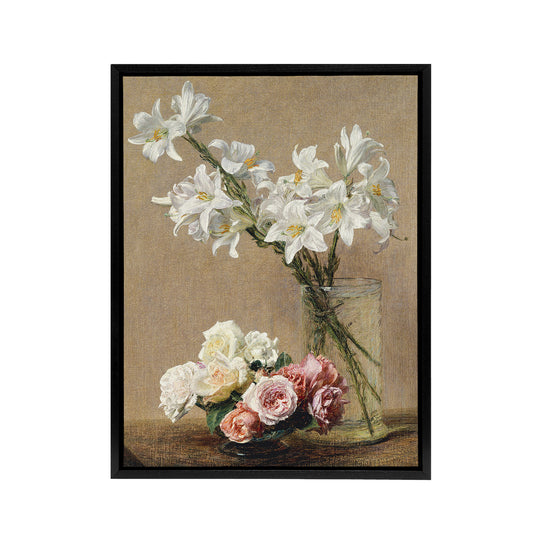 Still Life Roses and Lilies Latour Black Framed Canvas Wall Art Print