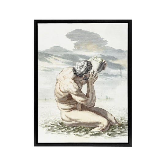 Triton Blows On The Conch Shell Johan Teyler Black Framed Canvas Wall Art